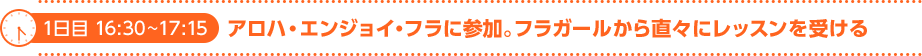 1日目 16:30～17:15　アロハ・エンジョイ・フラに参加。フラガールから直々にレッスンを受ける