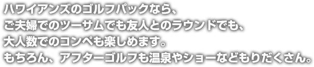 ハワイアンズのゴルフパックなら、夫婦でのツーサムでも友人とのラウンドでも大人数でのコンペモ楽しめます。
		もちろん、アフターゴルフも温泉やショーなどもりだくさん。