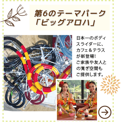 第6のテーマパーク「ビッグアロハ」 日本一のボディスライダーに、カフェ＆テラスが新登場！ご家族や友人との寛ぎ空間もご提供します。