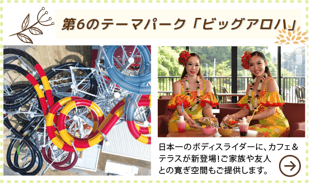 第6のテーマパーク「ビッグアロハ」 日本一のボディスライダーに、カフェ＆テラスが新登場！ご家族や友人との寛ぎ空間もご提供します。