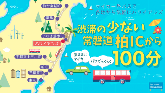 マイカーやバスで各地から気軽にハワイアンズ 渋滞の少ない常磐道柏ICから100分