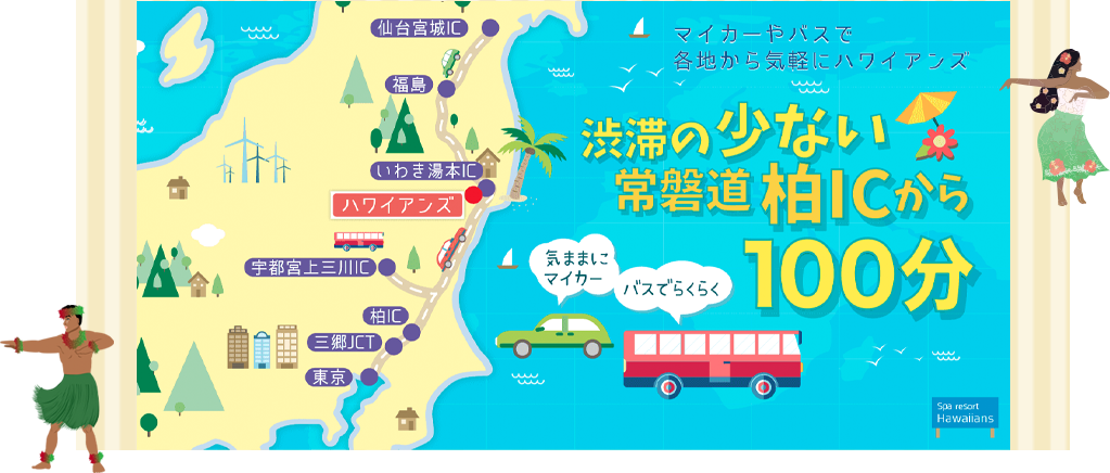 マイカーやバスで各地から気軽にハワイアンズ 渋滞の少ない常磐道柏ICから100分