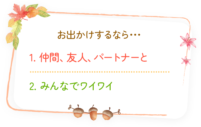 お出かけするなら... 1.仲間、友人、パートナーと 2.みんなでワイワイ