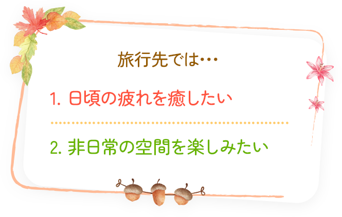 旅行先では... 1.日頃の疲れを癒したい 2.非日常の空間を楽しみたい