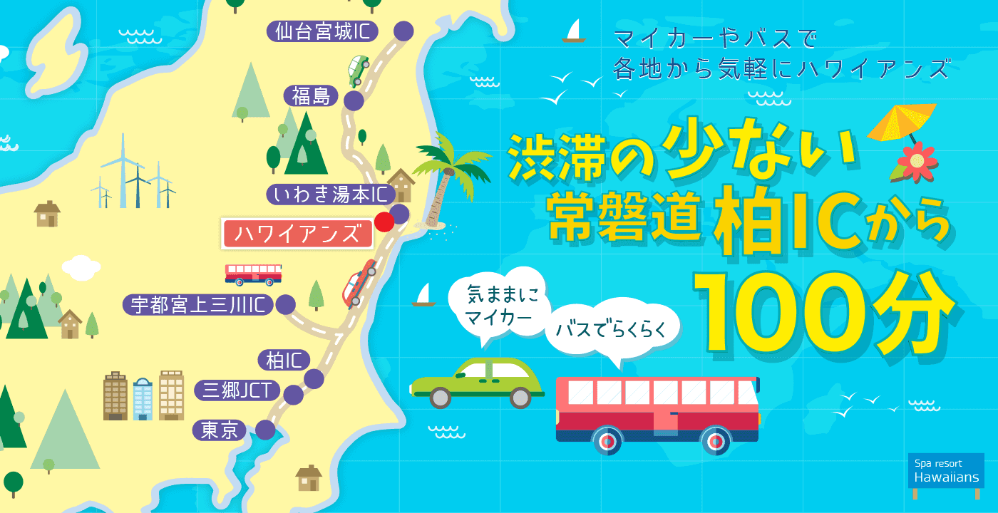 マイカーやバスで各地から気軽にハワイアンズ 渋滞の少ない常磐道柏ICから100分