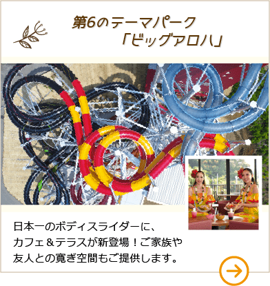 第6のテーマパーク「ビッグアロハ」日本一のボディスライダーに、カフェ&テラスが新登場！ご家族や友人との寛ぎ空間もご提供します。