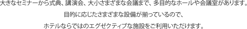 大きなセミナーから式典、講演会、大小さまざまな会議まで、多目的なホールや会議室があります。目的に応じたさまざまな設備が揃っているので、ホテルならではのエグゼクティブな施設をご利用いただけます。